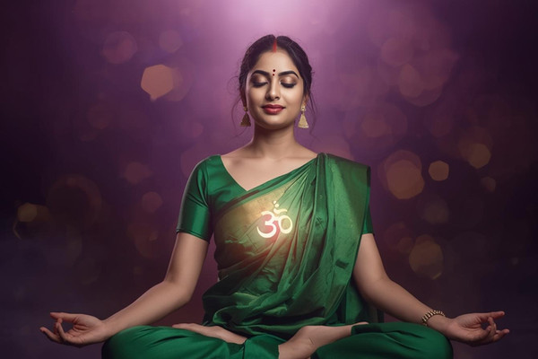Indian lady meditating ,heart chakra activated, full of love and compassion for self and others
