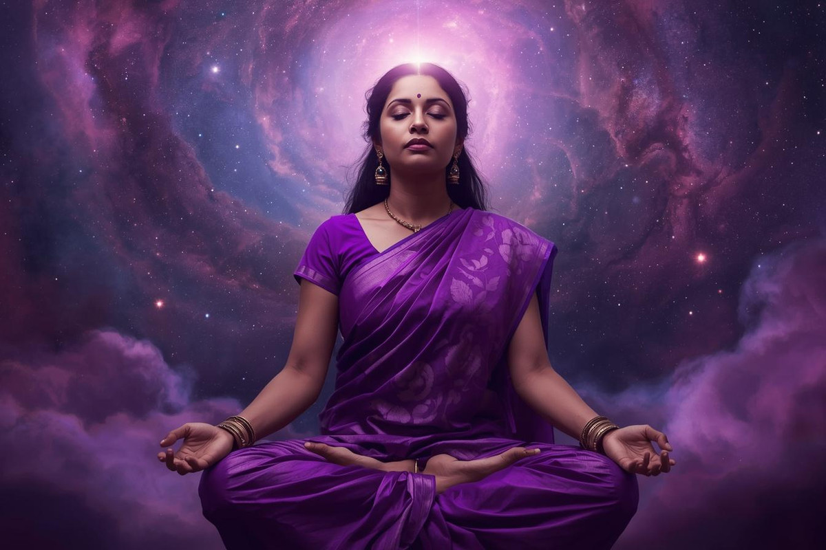 Realistic image of an Indian woman in a violet saree meditating with an activated crown chakra above her head, set against a natural cosmic purple-hued background