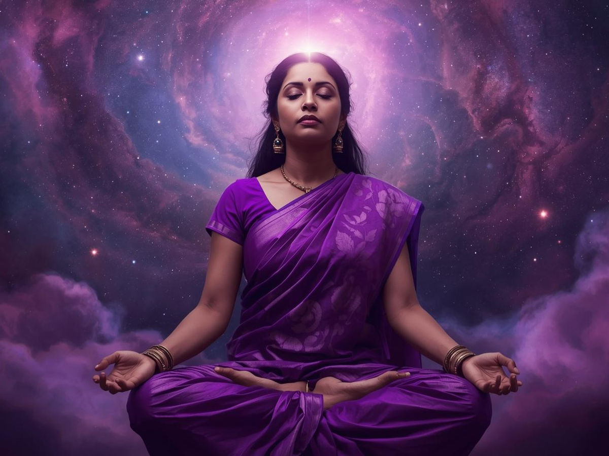 Realistic image of an Indian woman in a violet saree meditating with an activated crown chakra above her head, set against a natural cosmic purple-hued background