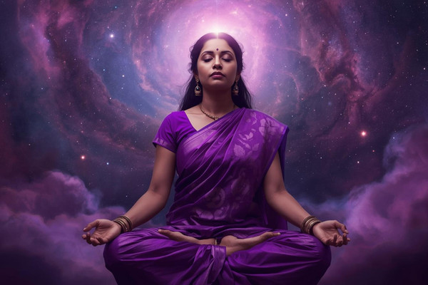 Realistic image of an Indian woman in a violet saree meditating with an activated crown chakra above her head, set against a natural cosmic purple-hued background