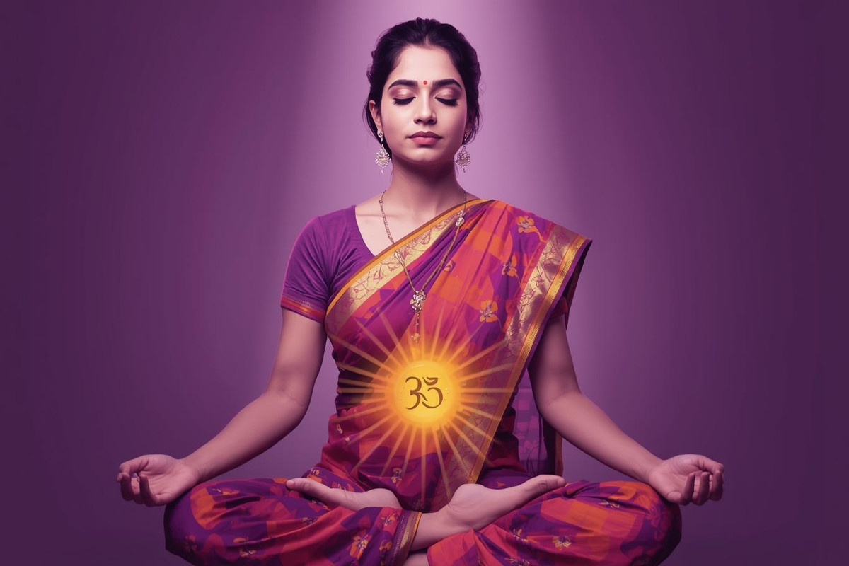 Indian lady meditating radiating power of  activated solar plexus chakra glowing in golden light symbolising inner strength and confidence and alignment with self and the universe