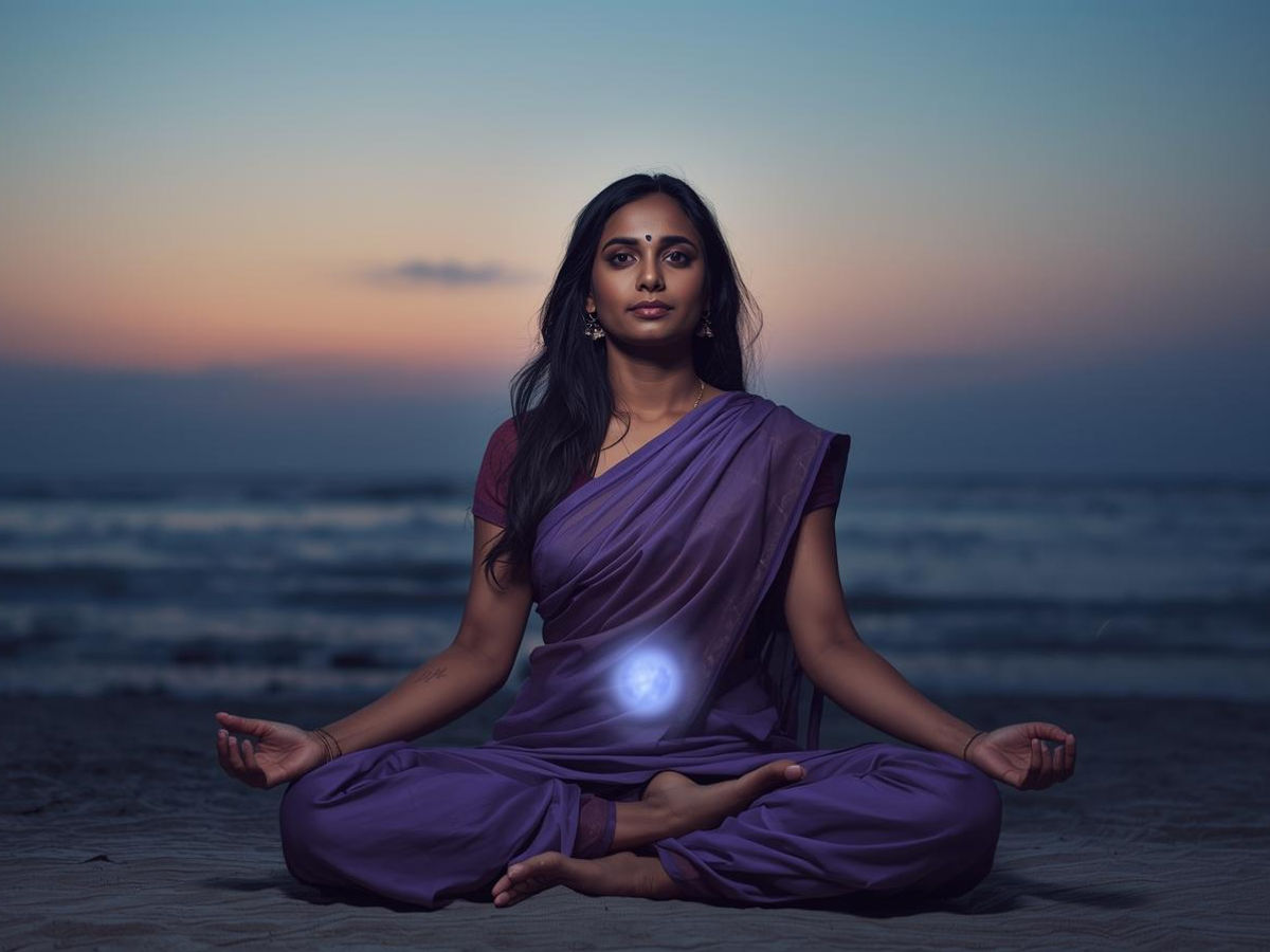 A serene Indian woman with a contemplative expression, adorned in an elegant, flowing saree with subtle purplish hues, sits in a deep meditative pose. The sacral chakra is subtly illuminated with a soft, ethereal glow against a tranquil ocean shore backdrop under a twilight sky. The overall aesthetic is calm and spiritual, with a focus on soft lighting and a limited color palette dominated by purples and blues.
