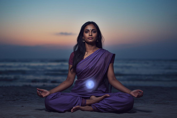 A serene Indian woman with a contemplative expression, adorned in an elegant, flowing saree with subtle purplish hues, sits in a deep meditative pose. The sacral chakra is subtly illuminated with a soft, ethereal glow against a tranquil ocean shore backdrop under a twilight sky. The overall aesthetic is calm and spiritual, with a focus on soft lighting and a limited color palette dominated by purples and blues.
