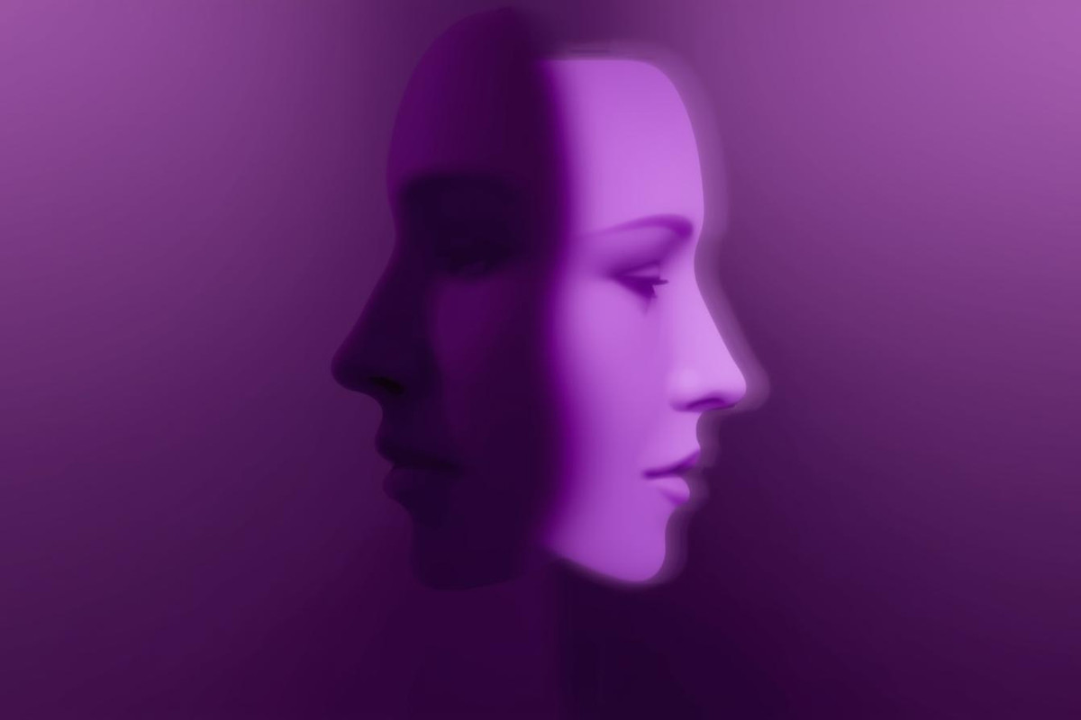 Two semi-transparent faces overlapping:  First face in darker purple (perception)  Second face in soft violet glow (truth) The overlap shows transformation.