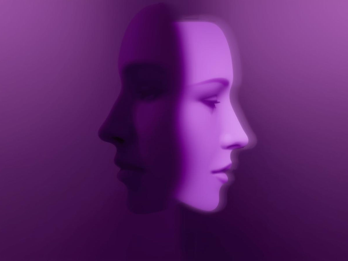 Two semi-transparent faces overlapping: First face in darker purple (perception) Second face in soft violet glow (truth) The overlap shows transformation.