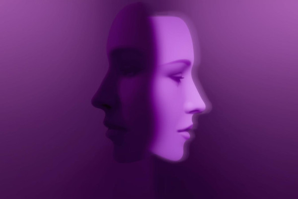 Two semi-transparent faces overlapping:  First face in darker purple (perception)  Second face in soft violet glow (truth) The overlap shows transformation.