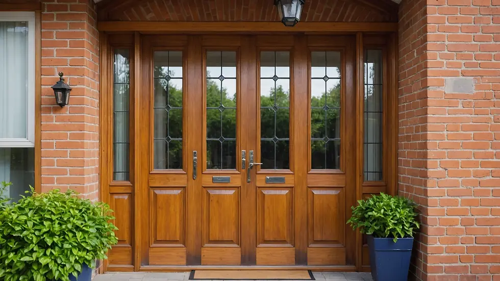 Eye-level view of a wooden front door with glass panels