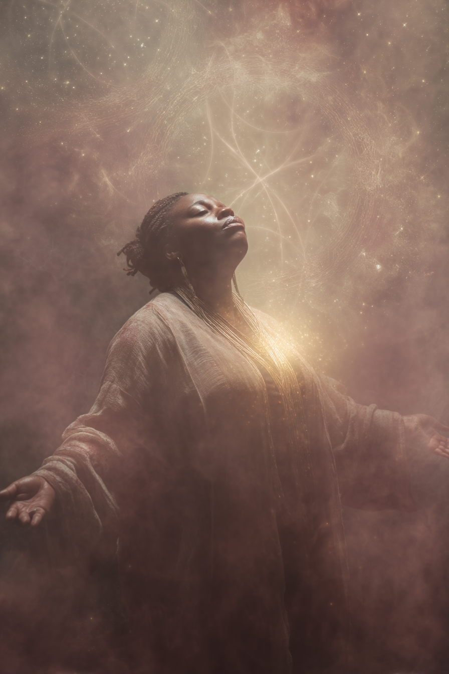A dark-skinned Black woman with locs stands in a cosmic haze, arms open in a receptive posture. A soft golden light glows from her womb, symbolizing divine connection and embodied healing.
