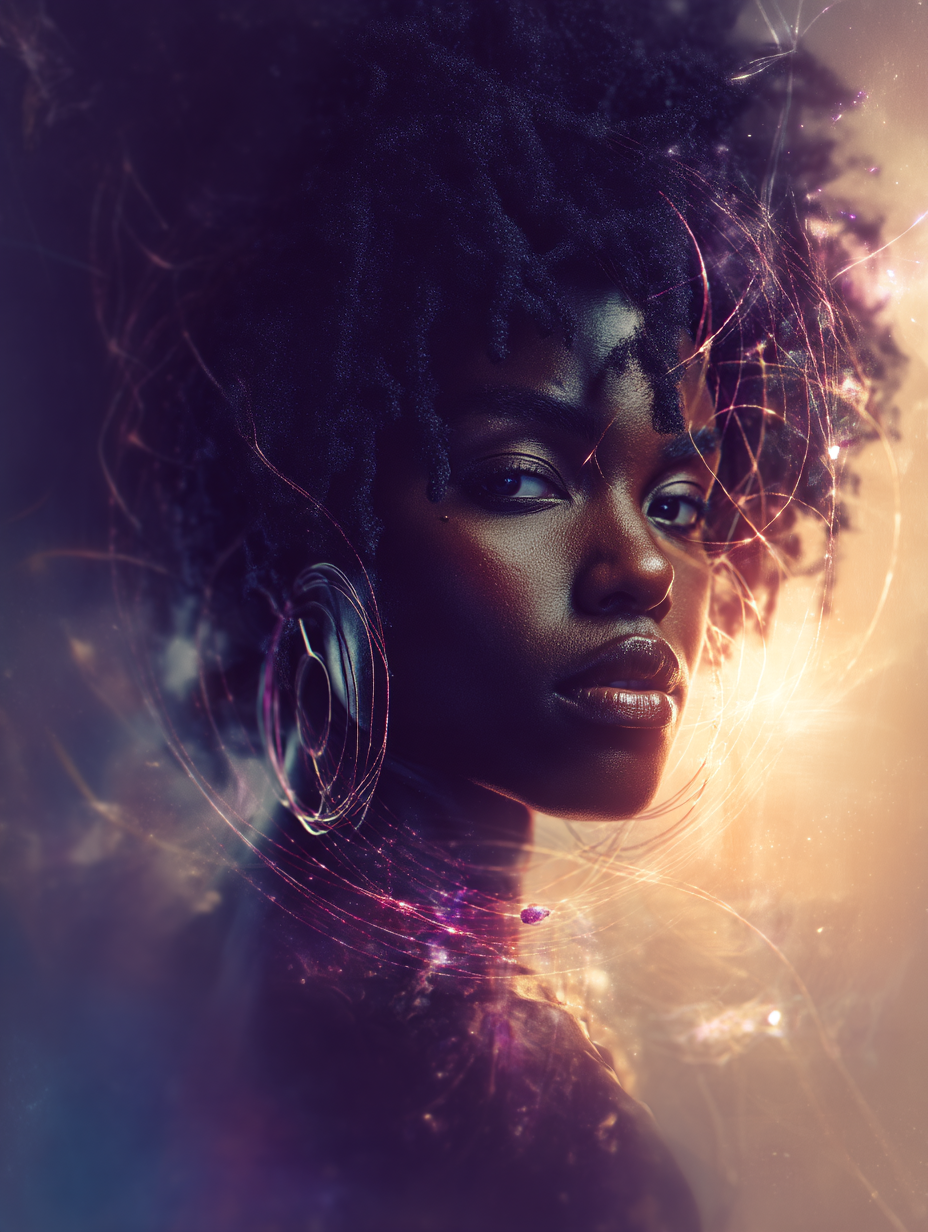 Close-up of a powerful Black woman with natural afro-textured hair surrounded by cosmic light trails and ethereal energy. Her expression is confident and divine, with glowing hues of amethyst and citrine evoking ancestral power and spiritual awakening.
