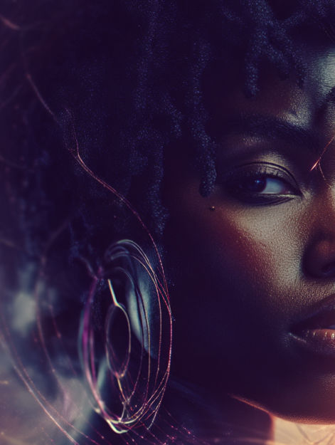 Extreme close-up of a powerful Black woman with natural textured hair and radiant skin, framed by glowing cosmic light trails and abstract energy waves, symbolizing divine intuition and ancestral power.