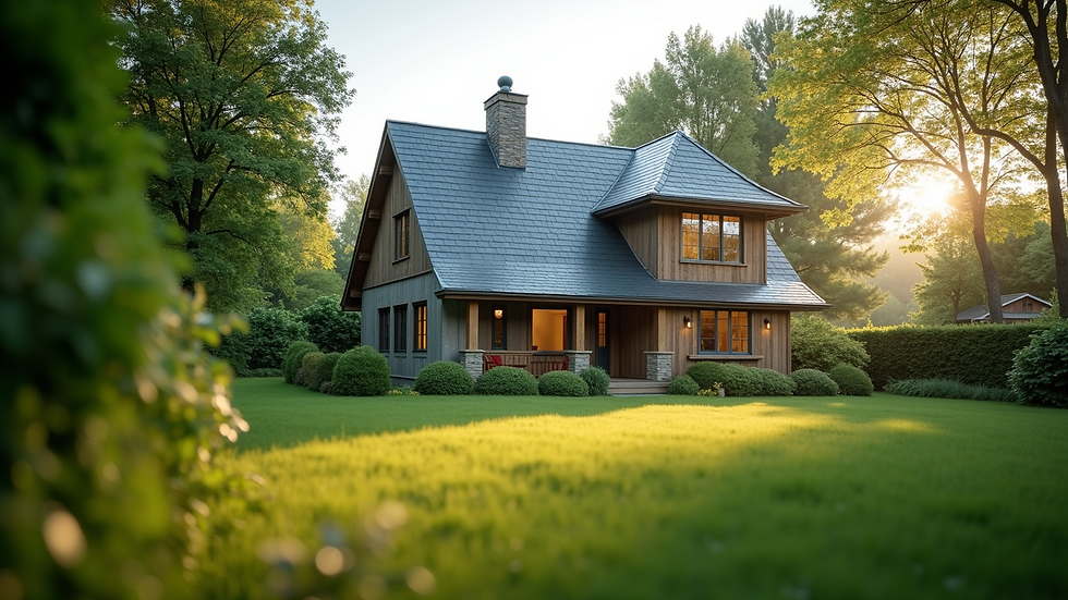 Eye-level view of a modern suburban house surrounded by greenery