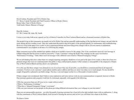 Councillor Kelly's Letter To Hydro One About Service and Communication in West Carleton