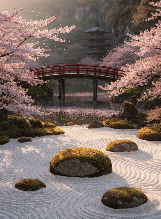 Pont et jardin japonais fleuri de cerisiers, photographie d'ambiance pour l'univers de la marque Hanae Mori