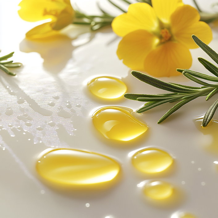 Gouttes d'huile jaune avec des fleurs jaunes et du romarin sur fond blanc.