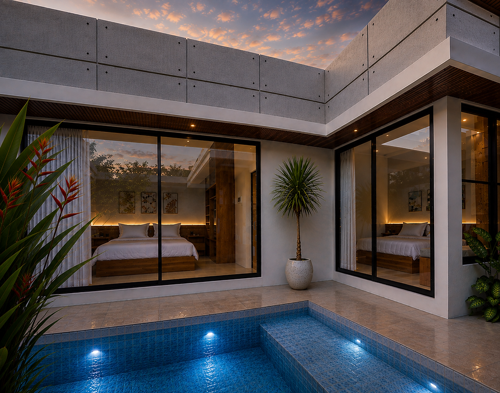 Modern Seminyak villa accommodation with pool at sunset.