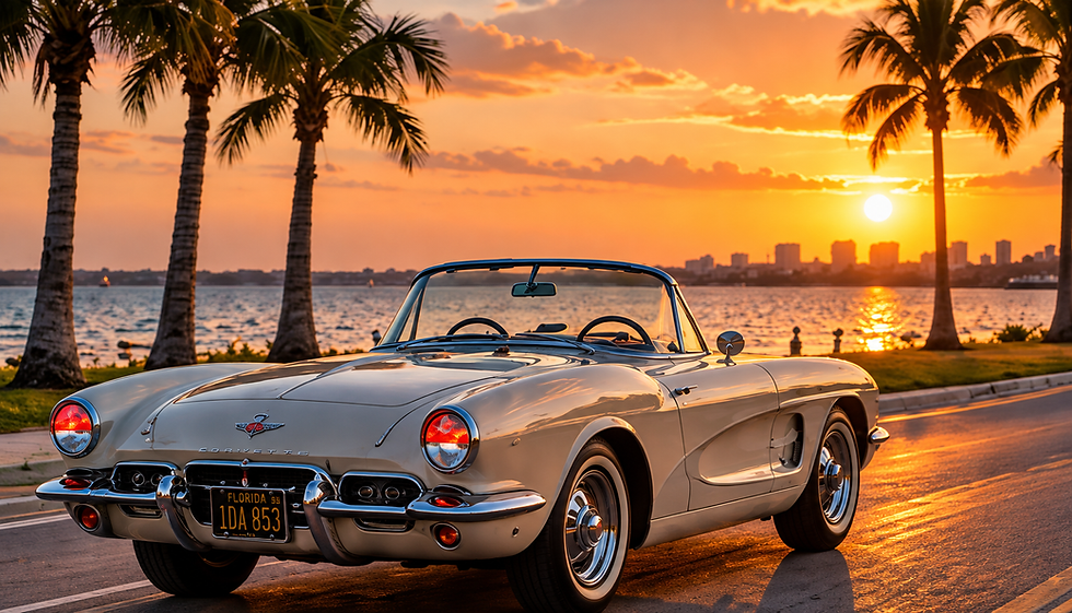 Vintage Corvette convertible parked at sunset by the ocean.