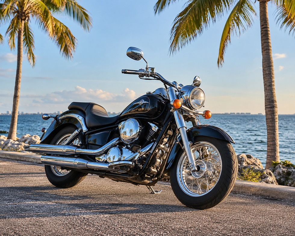 Black cruiser motorcycle parked on a coastal road by the ocean