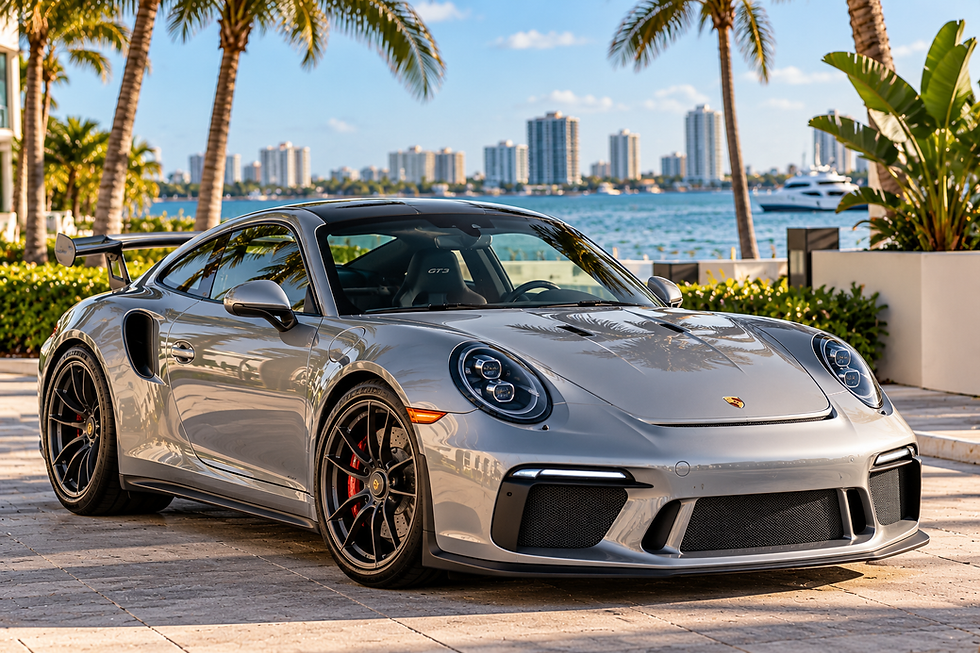 Silver Porsche 911 GT3 RS parked by tropical coastline