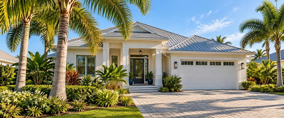 Modern white one-story home with palm trees and garage.