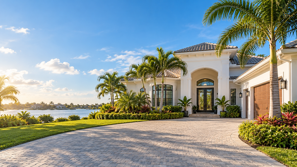 Modern white waterfront home with palm trees and driveway.