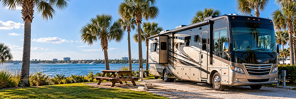 Luxury RV parked by the waterfront with palm trees