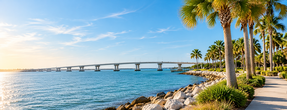 Florida waterfront with palm trees and coastal homes