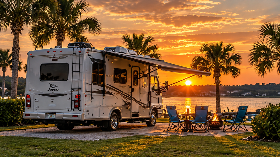 RV parked by lake at sunset with palm trees and campfire