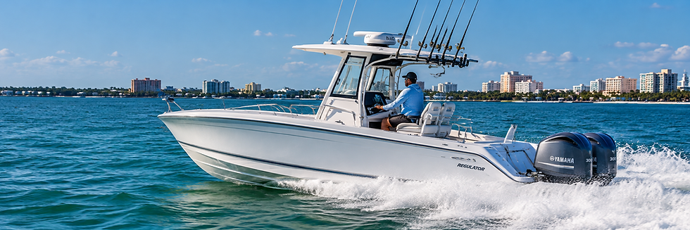 White fishing boat cruising on water with skyline behind
