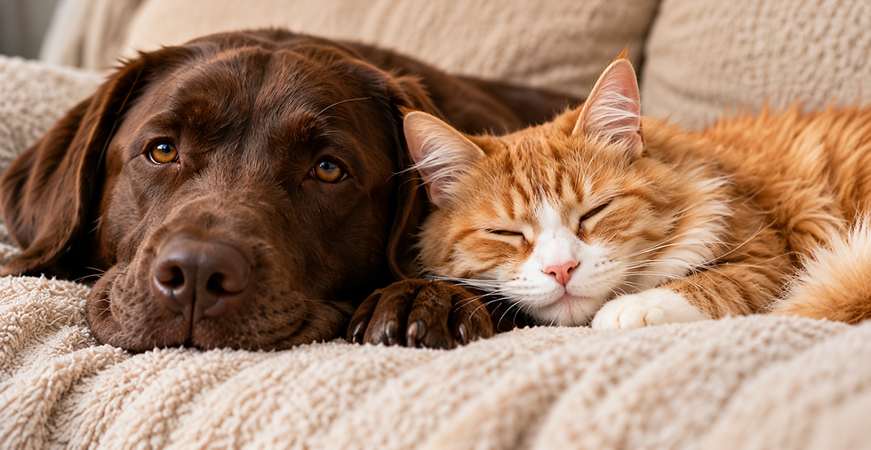 Chocolate Labrador and ginger cat napping on a sofa.