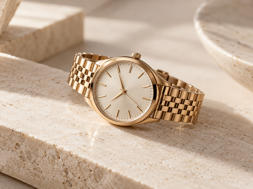 Gold luxury wristwatch with a white dial and gold metal bracelet, displayed on a light stone surface.