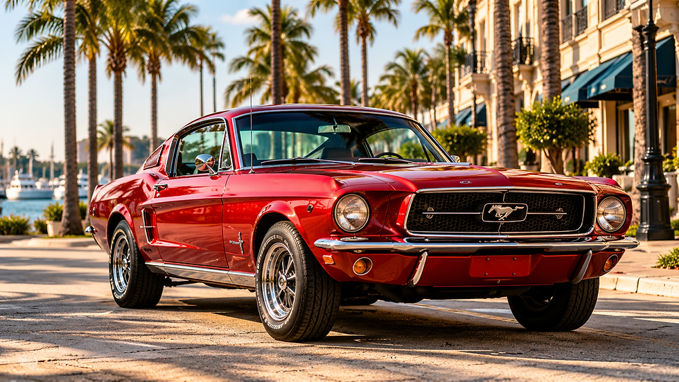 Red Ford Mustang classic car parked on a palm-lined street.