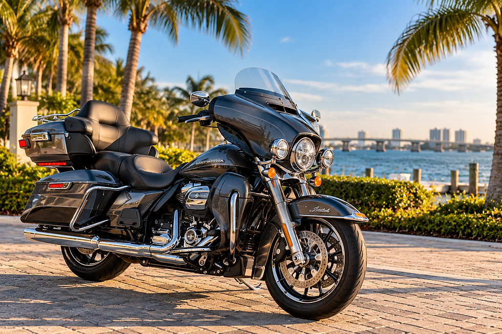 Black touring motorcycle parked by a tropical waterfront.