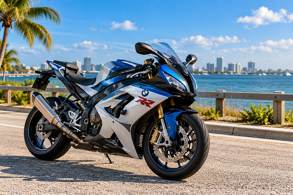 Blue and white BMW S1000RR motorcycle parked by the coast.