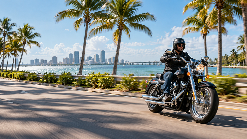 Person riding a motorcycle along a tropical coastal road