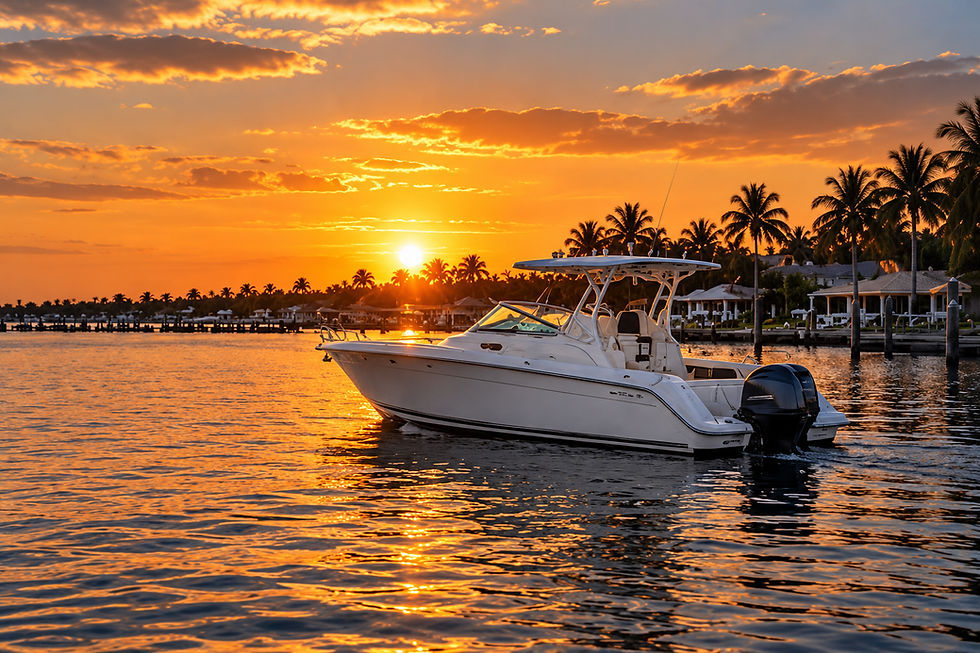 Motorboat on calm water at sunset with palm trees.