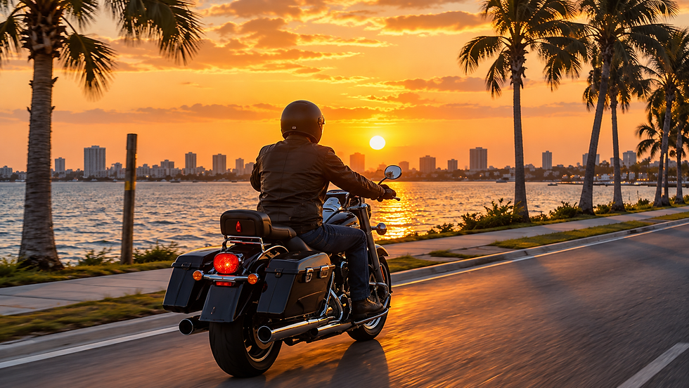 A motorcyclist riding a black cruiser motorcycle along a palm-lined Florida waterfront road at sunset, with a city skyline in the distance.