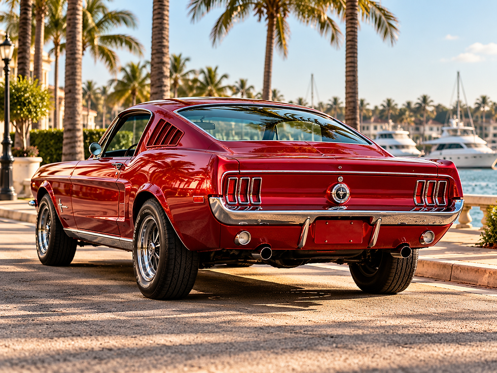 Red classic Ford Mustang parked near tropical palm trees