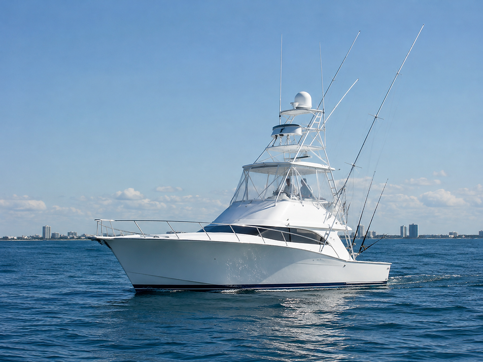 White sportfishing boat cruising on blue water