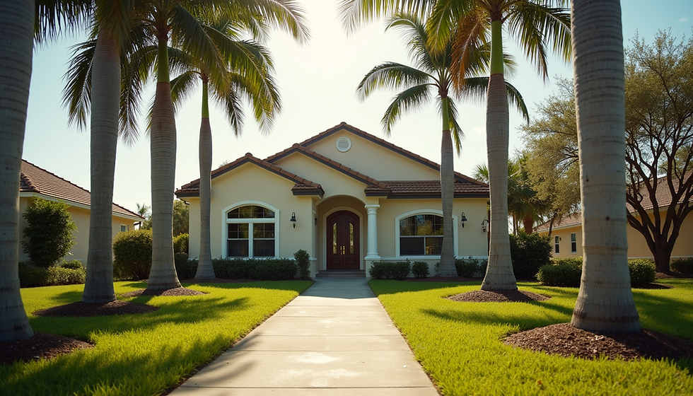 Single-story home with palm trees and manicured lawn.