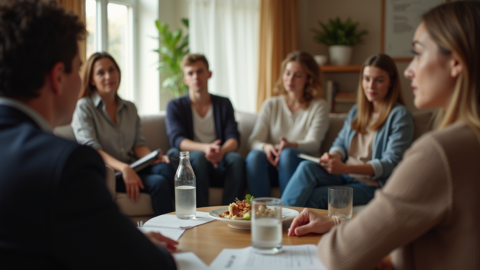 Eye-level view of a community support group meeting in a cozy room