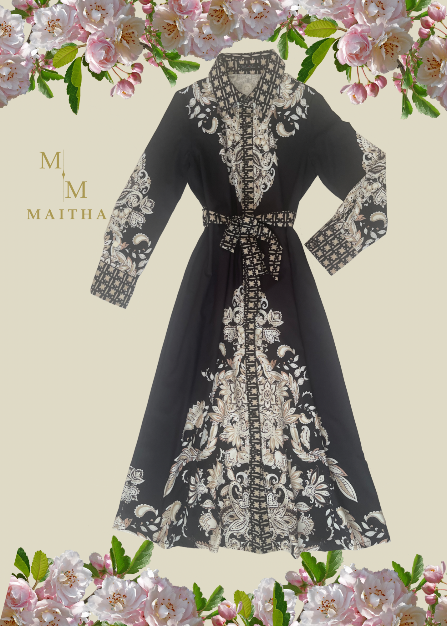 FLORAL PRINT BELTED BLACK DRESS