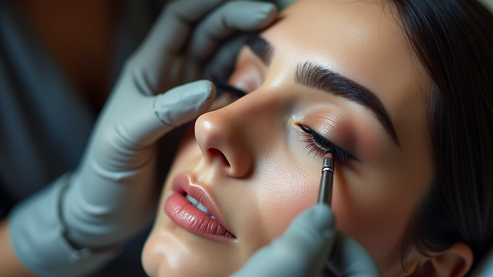 eye-level view of a professional artist applying semi-permanent makeup on eyebrow