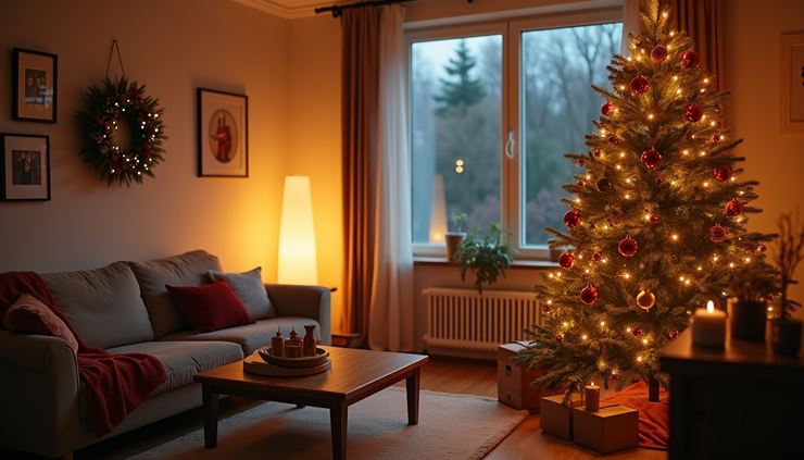 Eye-level view of a cozy living room decorated with holiday ornaments and a Christmas tree