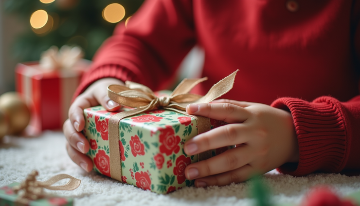 Close-up view of a child’s hands wrapping a holiday gift with colorful paper and ribbon