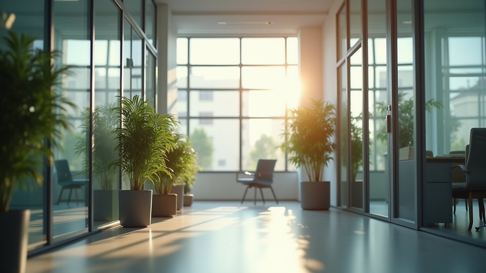 Eye-level view of a modern office space with well-maintained indoor plants