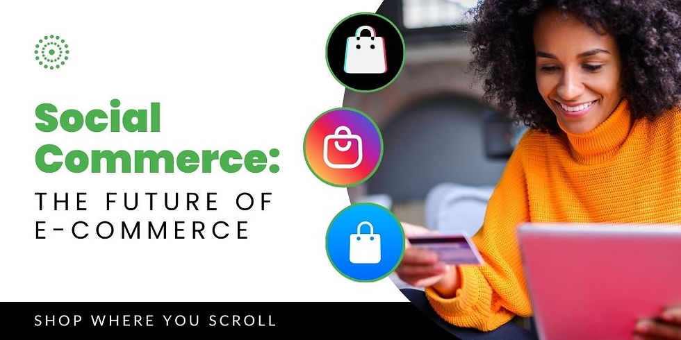 Smiling woman in orange sweater uses laptop, holding a credit card. Text: Social Commerce: The Future of E-Commerce. Icons of shopping bags.