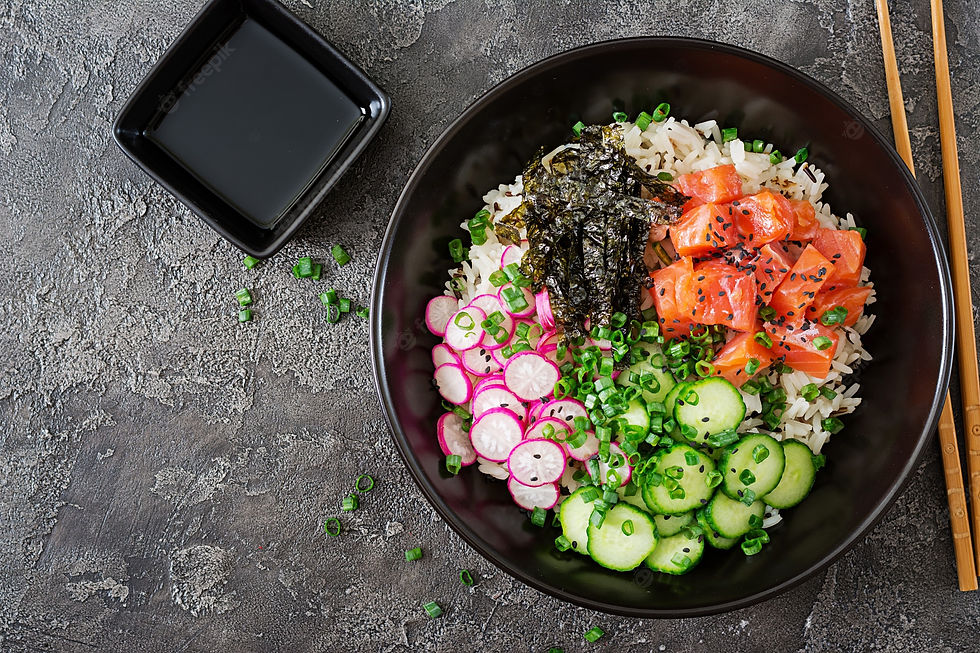 hawaiian-salmon-fish-poke-bowl-with-rice-radish-cucumber-tomato-sesame-seeds-seaweeds-budd