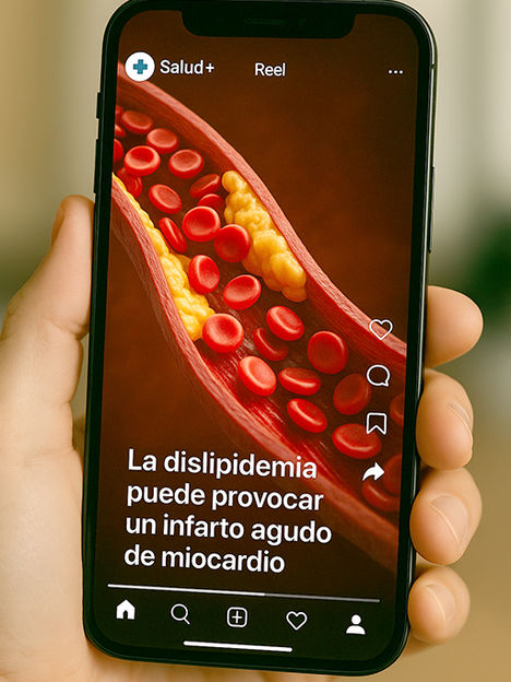 Un celular en una mano reproduciendo un Reel de Instagram sobre la dislipidemia mostrando una vena obstruida por grasa.