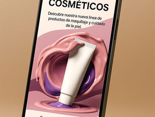 Un celular flotante con fondo beige de una landing web de productos cosméticos con un producto renderizado 3D con una textura envolvente.