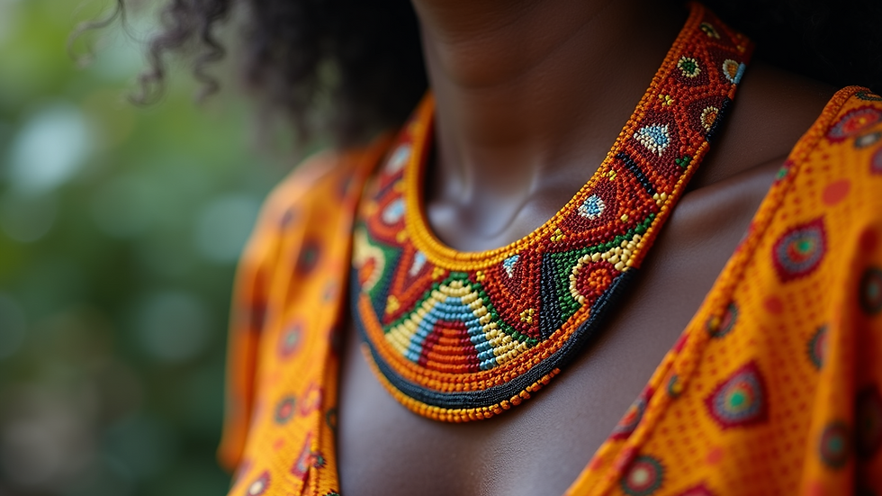 Close-up of handcrafted African beaded necklace on display